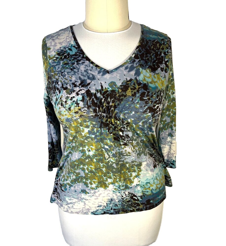 Liz Claiborne Blouse Women's XL Abstract Blue Green 3/4 Sleeve V-Neck